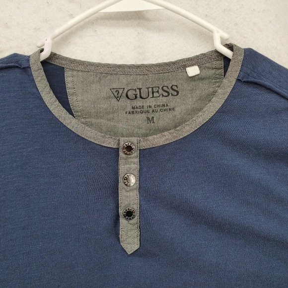 Guess Shirt Men's Long Sleeve Snap Up Henley Pullover Tee Blue Medium - Picture 8 of 12